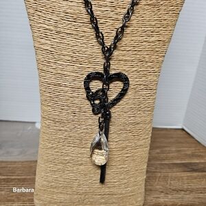 Vintage Guess Gunmetal Black Heart Drop Pendant Necklace